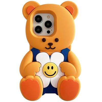 Kawaii 3D Cartoon Bloemen Teddybeer Zachte Siliconen Hoesje Voor iPhone 16 16e 15 14 13 12 Pro Max Schattige Schokbestendige Achterkant Hoesjes iPhone 16e bruin
