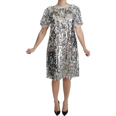 Dolce & Gabbana Damesjurk met Zilveren Pailletten en Kristallen Shiftjurk