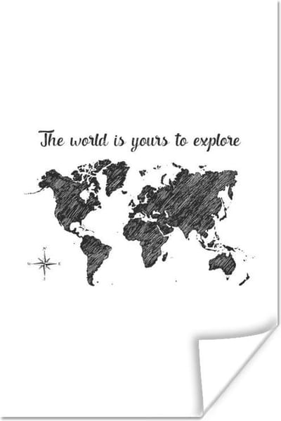 Poster - Wereldkaart - Quotes - Zwart - Wit - 80x120 cm