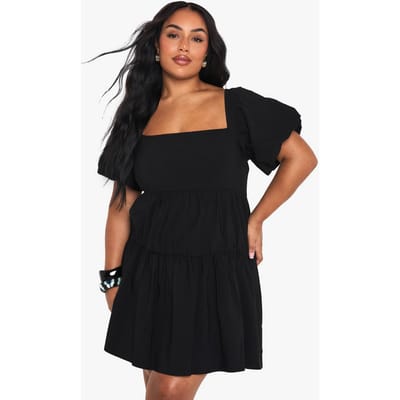 boohoo Dames Plus Extreme pofmouwen gelaagde smockjurk | Zwart | Maat: 50