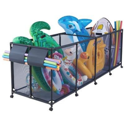 VEVOR Zwembadopbergbak 2620x815x890 mm, organizer met zijvakken, metalen frame, gaasmand, opbergdoos, opbergmand, opbergwagen voor zwembadspeelgoed