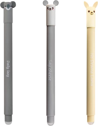 SnelShoppen - Uitwisbare Gelpen met Dierenmotief - 3x 0,7 mm Rollerpen - Lama, Koala, Muis - Perfect voor School, Kantoor en Creatief Gebruik - Blauw