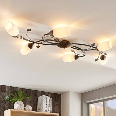 Lindby - plafondlamp - 6lichts - Glas, metaal - H: 12 cm - E14 - wit, geborsteld zwartgoud