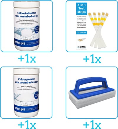 Zwembad Onderhoudspakket - Onderhoud Zwembad - bevat Chloor - Testrips - Chloor en Scrubborstel (4-delig)