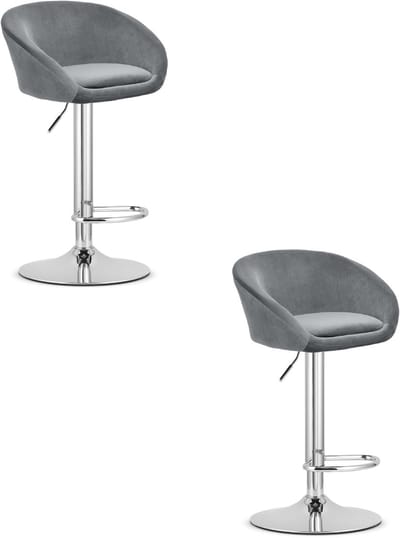 Set van 2 Barkrukken EAST – Velvet Grijs - Chromen Basis - Rugleuning, Verstelbare Hoogte, 360° Draaibaar, Comfortabele Voetsteun, Modern Design, Max. 110 kg