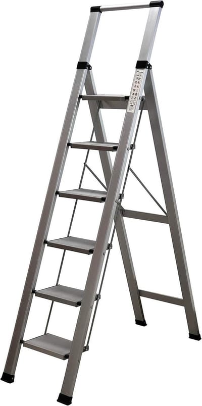 Huishoudtrap - Opstapladder aluminium - Klusjes in huis - Extra brede treden - 6 treden - Zilver