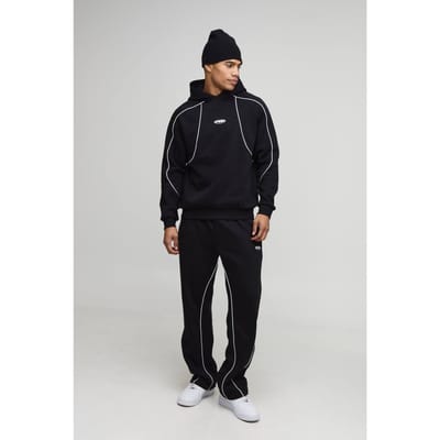 Regular Fit Heren Trainingspak met Capuchon en Piping | Black | Size XS