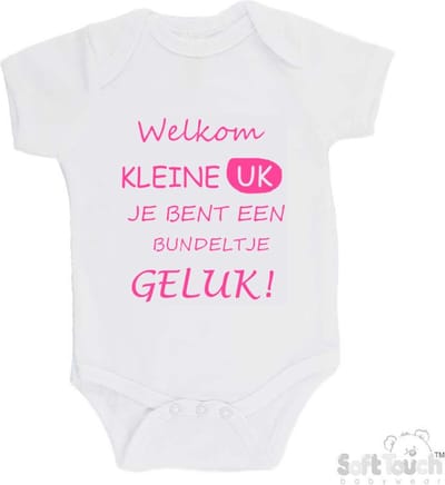 100% katoenen Romper "Welkom kleine uk, je bent een bundeltje geluk" Meisjes Katoen Wit/roze Maat 62/68