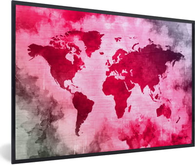 Poster in lijst - Fotolijst 90x60 cm - Posters - Wereldkaart - Rood - Zwart - Posterlijst zwart - Decoratie - Wanddecoratie woonkamer - Muurdecoratie slaapkamer
