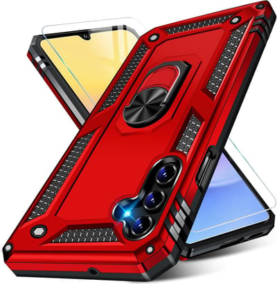 Casemania Hoesje Geschikt voor Samsung Galaxy A15 Rood & Glazen Screenprotector - Anti-Shock Hybrid Armor Back Cover - Hoes met Kickstand Ring