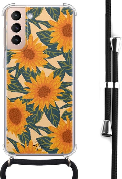 Hoesje met koord geschikt voor Samsung Galaxy S21 - Zonnebloemen - Inclusief koord - Crossbody beschermhoes - Transparant, Oranje - Mooie Telefoonhoesjes