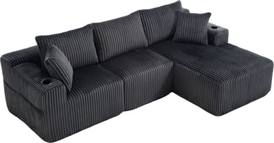 REDOM Modulaire Bank - Met Chaise Longue & Flexibel Ontwerp - Corduroy Stof - Grijs - 257x160x62 cm