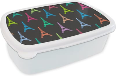 Broodtrommel Wit - Lunchbox - Brooddoos - Eiffeltoren - Patronen - Parijs - 18x12x6 cm - Volwassenen