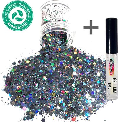 GlittersXL - Chunky Glitters (Zilver/Zwart) + Glitter Huid Lijm Biologisch Afbreekbaar [Volume 8g - Festival Jewels Glitter Outfit Lichaam en Gezicht - Make-up Diamond Dots Face Body - Diamantjes Strass Steentjes - Kinderen Volwassenen Dames Makeup]