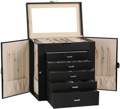 Dailygoods- Juwelendoos grote multifunctionele opbergdoos - 6 niveaus - Sieradenorganizer met spiegel - Accessoirehouder met 5 laden - Kunstleer met slot - 20 roosters - Sieradenopberger