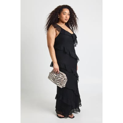 boohoo Dames Plus Chiffon Ruches Bandjes Maxi Jurk | Zwart | Maat: 44