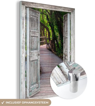 MuchoWow® Glasschilderij 30x40 cm - Schilderij acrylglas - Brug - Bos - Doorkijk - Foto op glas - Schilderijen