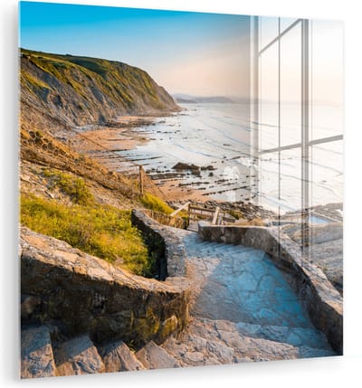 MuchoWow® Glasschilderij 90x90 cm - Schilderij acrylglas - Zee - Trap - Stenen - Foto op glas - Muurdecoratie woonkamer - Wanddecoratie slaapkamer - Schilderijen