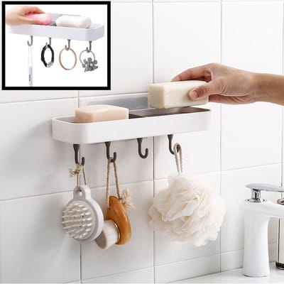 Zeepbakje met 4 ophanghaken voor 2 stuks zeep - Hangende Dubbele zeephouder plakstrip - Zeepschaal - Douche - Badkamer