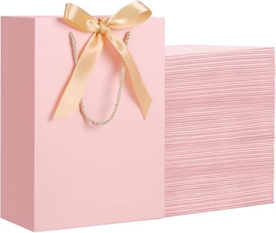 Roze Geschenktassen met Strik - 50 Stuks - 230GSM Papieren Tassen met Handvat - 20x10x28cm