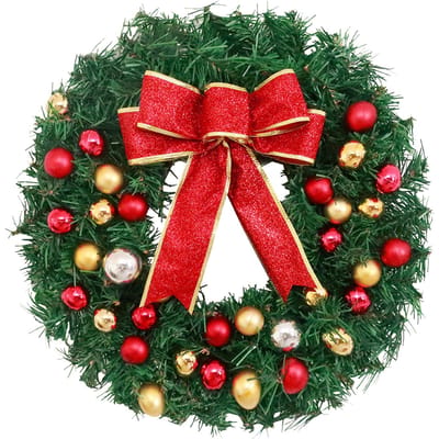 Couronne de Noël avec guirlande lumineuse à 20 LED de 10 pieds, boules à nœud papillon, 12 pouces, suspendue pour joyeux noël 30cm Without String Light