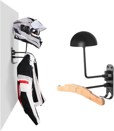 Quvo® Helmhouder - Helm Houder - Helm Kapstok - Helm Standaard - Motorhelm Steun – Wandsteun Ophangsysteem – Met Kapstok voor Moterjas - Zwart - 2‎44 x 22 x 9 cm