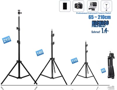 Tripod - Statieven - Lampstandaard - Camera Statief 210cm + Telefoonhouder, 360 ° horizontaal en Bluetooth Remote Shutter – HiCHiCO
