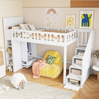 Sweiko Hoogslaper - 90*200 cm - Opbergladder + planken + opbergkast - Liefdesleuning - Zonder matras en bank - Wit