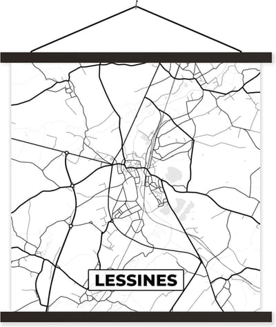 Posterhanger incl. Poster 60x60 cm - Schoolplaat - Stadskaart – Zwart Wit - Kaart – Lessines – België – Plattegrond - Textielposter - Zwarte latten - Stadskaart