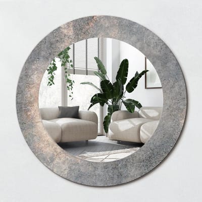 Wallfluent Bedrukte Ronde Spiegel - Ronde Wandspiegel Decoratieve Print Vintage Beton - 50 cm / 36 cm - Grijs - Grijs Ronde Spiegel Met Bedrukte Lijst - Inloopkastspiegel - Badkamerspiegel - Toiletspiegel - Ronde vorm