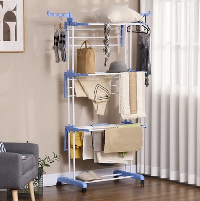 MEUNIQ Droogtoren 73 x 64 x 177 cm 4 niveaus met wielen en ophaakhaken uitklapbaar vrijstaand wasrek voor binnen en buiten staal blauw