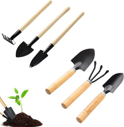 Famanu - Tuingereedschapsset, 6-delige tuingereedschapset, mini-tuingereedschap, tuinschep, klein, houten handvat, handgereedschap, voor bonsai, planten, potbloemen