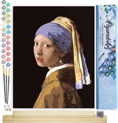 Figured'Art Schilderen op Nummer Volwassenen canvas Vermeer Meisje met de Parel - Handwerk acrylverf Kit DIY Compleet - 40x50cm met DIY houten lijst