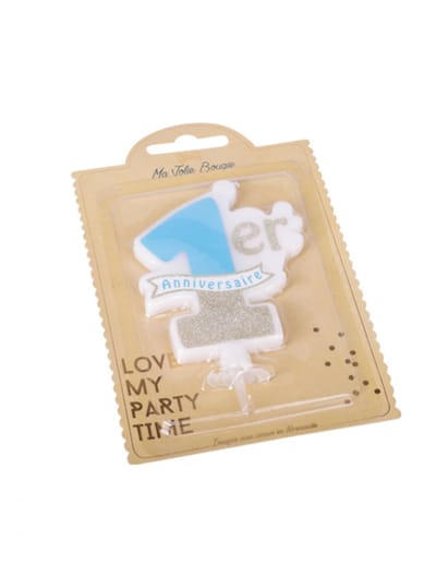 ARTYFETES - Blauw-gouden 1e verjaardagskaars 10 x 8 cm met glitters