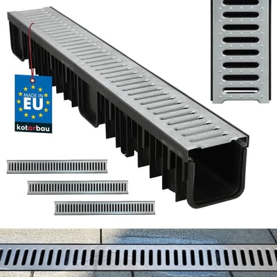 Afwateringsgoot Set - Regenwater Afvoer - Terrassen Drogen - Verzinkt Stalen Rooster - 3 Meter Lengte