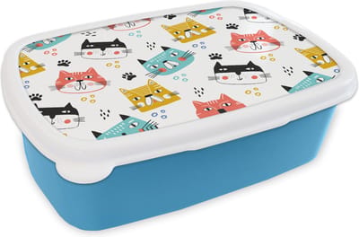Broodtrommel Blauw - Lunchbox - Brooddoos - Jongens - Patronen - Katten - 18x12x6 cm - Kinderen - Jongen