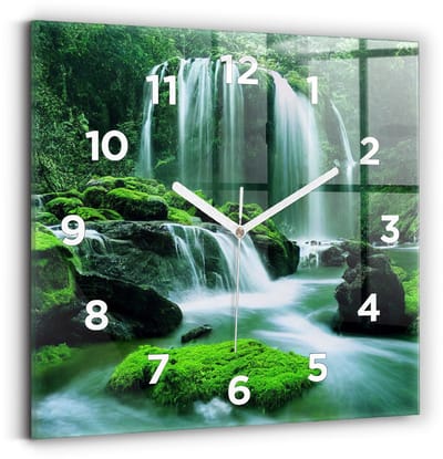 Wallfluent Wandklok - Waterval tussen het mos Decoratieve Wandklok - 30 cm x 30 cm - Groente Wandklok - Witte Handen - Wandklok Met Cijfers - Kinder Wandklok Glas - Vierkante Glas Klok - Minimalistisch Wandklok - Decoratieve Wandklok