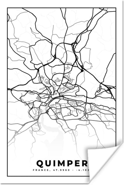 Poster Stadskaart - Plattegrond - Quimper - Kaart - Frankrijk - Zwart wit - 120x180 cm XXL