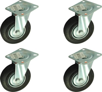 Set van 4 Zwenkwielen Transportwielen 125mm | zonder rem | 125-37.5/50 | Stalen Velg | Rubberen Band | Draagvermogen per wiel 100kg | Bevestigingsplaat 100x80mm | Bouwhoogte 155mm