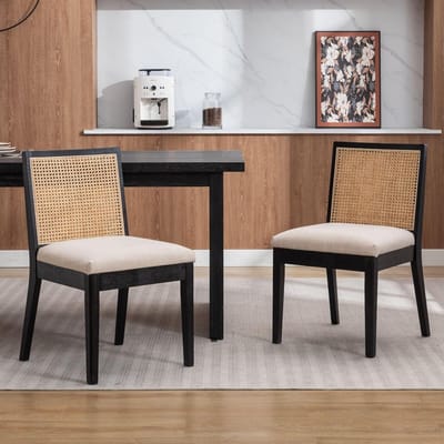 Scandinavische Design Eetkamerstoelen Set van 2 met Rotan Rugleuning en Linnen Zitting – Massief Houten Frame – 49D x 54B x 84H cm – Zwart