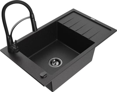Mexen Elias granieten spoelbak 1-komor met afdruiprek en keukenkraan Aster, zwart/zilver metallic - 6511-73-73450-70-B