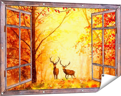Gards Tuinposter Doorkijk Getekende Herten in het Bos - Herfst - 120x80 cm - Tuindoek - Tuindecoratie - Wanddecoratie buiten - Tuinschilderij