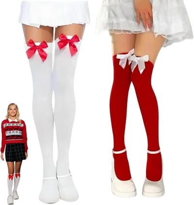 Lange Overknee Sokken voor Dames - Zacht en Rekbaar - Ideaal voor Feestjes - Set van 2 Paar Sokken in Wit en Rood