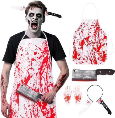 Halloween Slagerskostuum met Bloedige Schort en Haarband - Griezels kostuum voor mannen, Halloween outfit, feestaccessoires