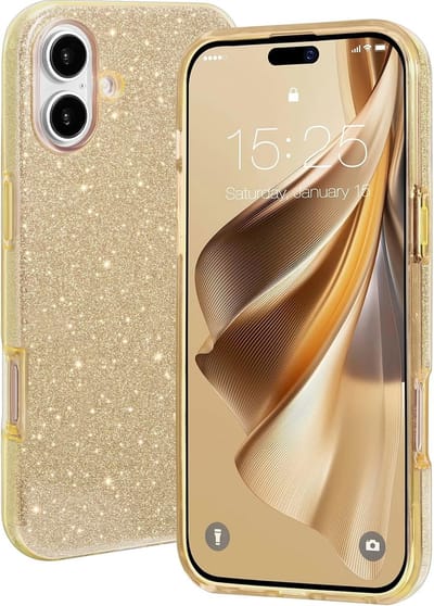 Casemania Hoesje Geschikt voor Apple iPhone 16 - Goud - Glitter Back Cover