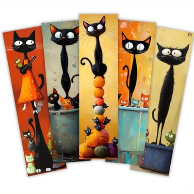 Katten Boekenleggers Set 5x – Origineel Cadeau voor Boekliefhebbers –Abstracte Katten Boekenleggers –Kleurrijk, Duurzaam & Uniek Cadeau