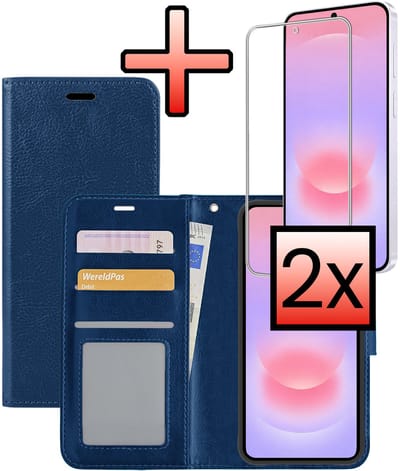 Hoesje - Met 2x Screenprotector - Geschikt voor Samsung Galaxy A37 - Luxe Pasjeshouder - Bookcase Portemonee - Flip Case - Kunstleer Book Case - Flipcase Hoes - Book Cover - Walletcase - Portemonneehoes - Donkerblauw
