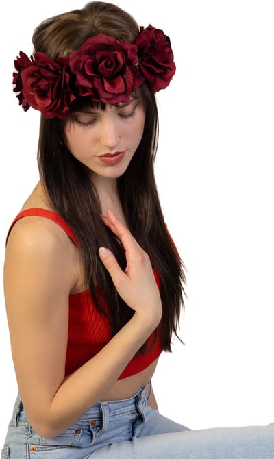 KIMU® Grote Rozenkrans Rozen Donkerrood Bloemenkrans Haar Bloemen Haarband Elastiek Festival
