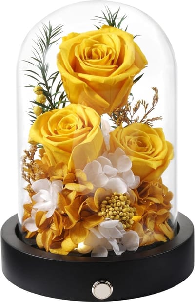 Bewaarde Rozen - Eeuwige Bloemen - Decoratie Cadeau - Met LED Verlichting - 17cm Hoog - Geel