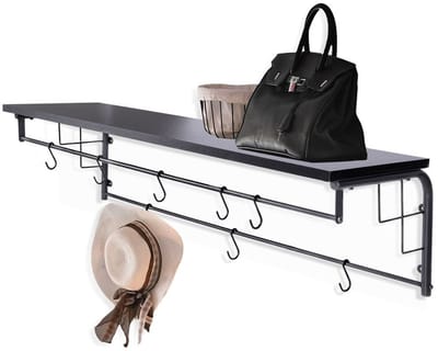 Wandkapstok met Plank Zwart - Kapstok Hangend - Wandgarderobe - Kledingrek - Garderobe - Haken